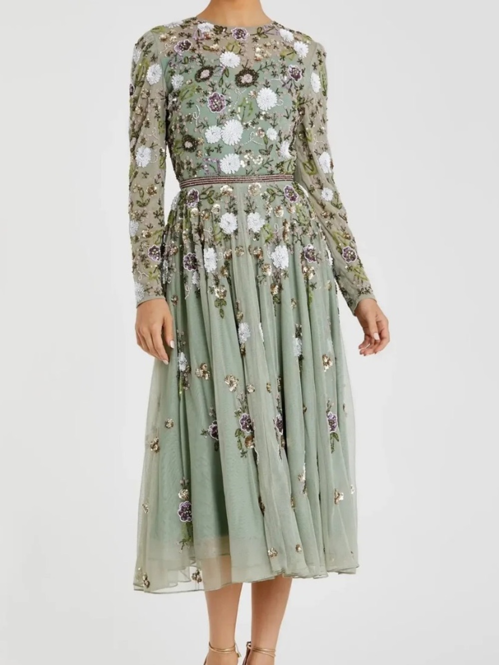MAC DUGGAL GREEN SEQUINED FLORAL LONG SLEEVE HIGH NECK MIDI DRESS - 8